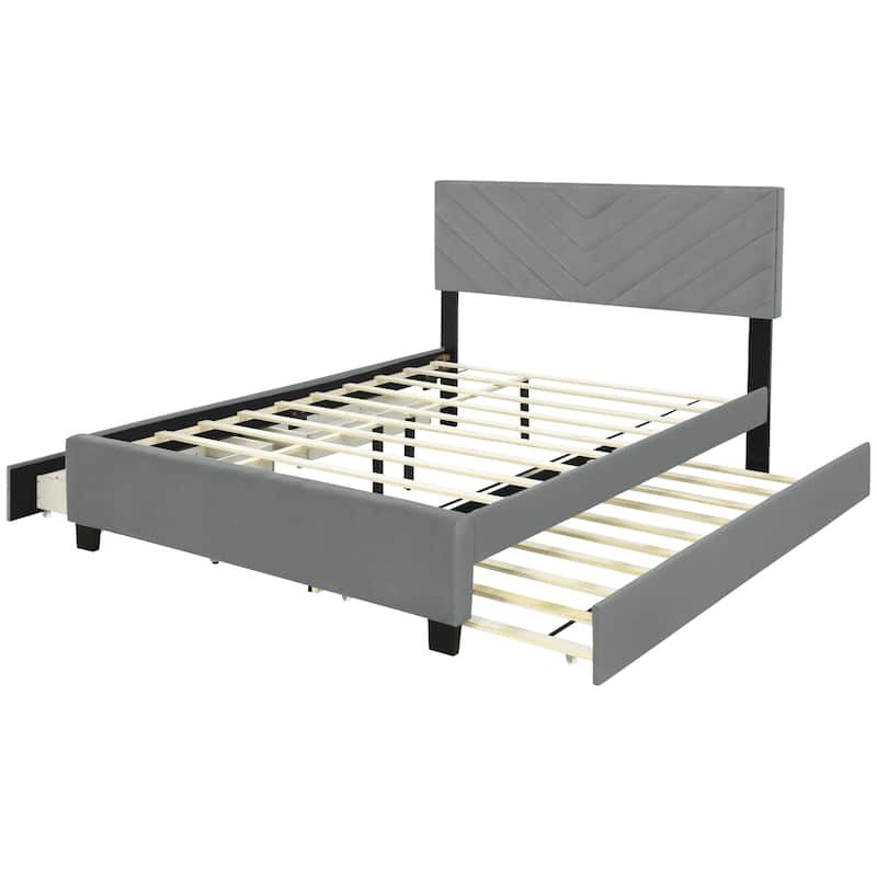 HomeRoots Gray Tufted Upholstered Queen Bed Frame With Trundle And Drawers