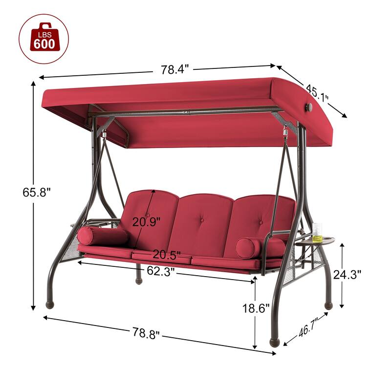 3-Seat Outdoor Porch Swing with Adjustable Canopy & Stand, Convertible Bed, All-Weather, Thickened Cushions & Cup Holders