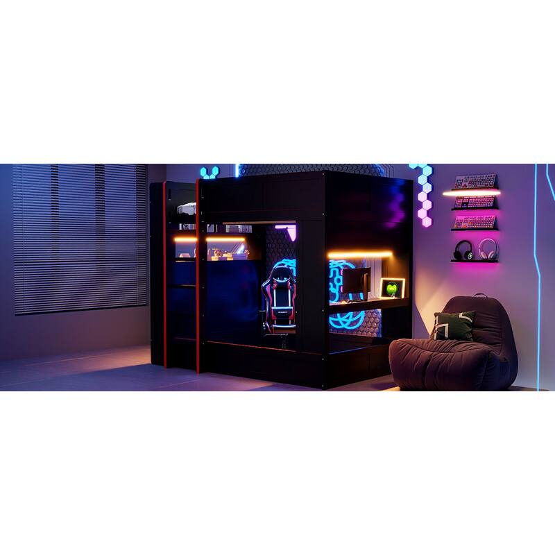 Roomfitters Full Size Gaming Bunk Bed with Desk, Storage Shelves, LED and Charging Station, Black