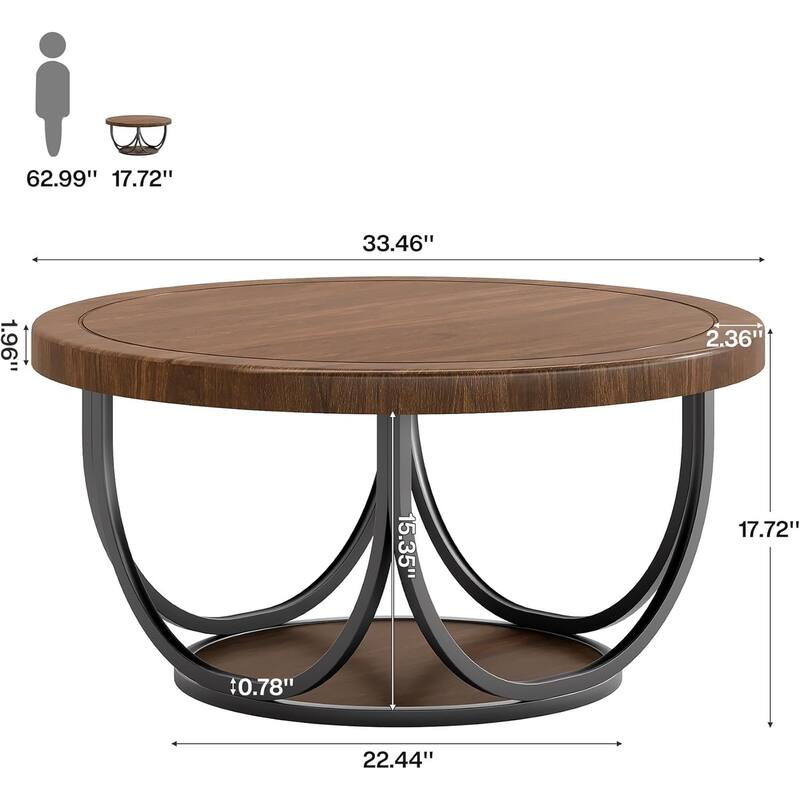 Round Coffee Table with 2 Tiers, 35.4" Wooden Circle Table with Storage Shelf for Living Room, Brown & Black
