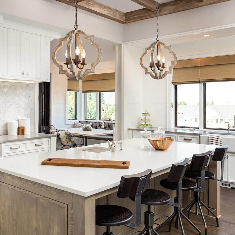 Modern Farmhouse 3/4-Light Wood Lantern Chandelier for Dining Room Foyer