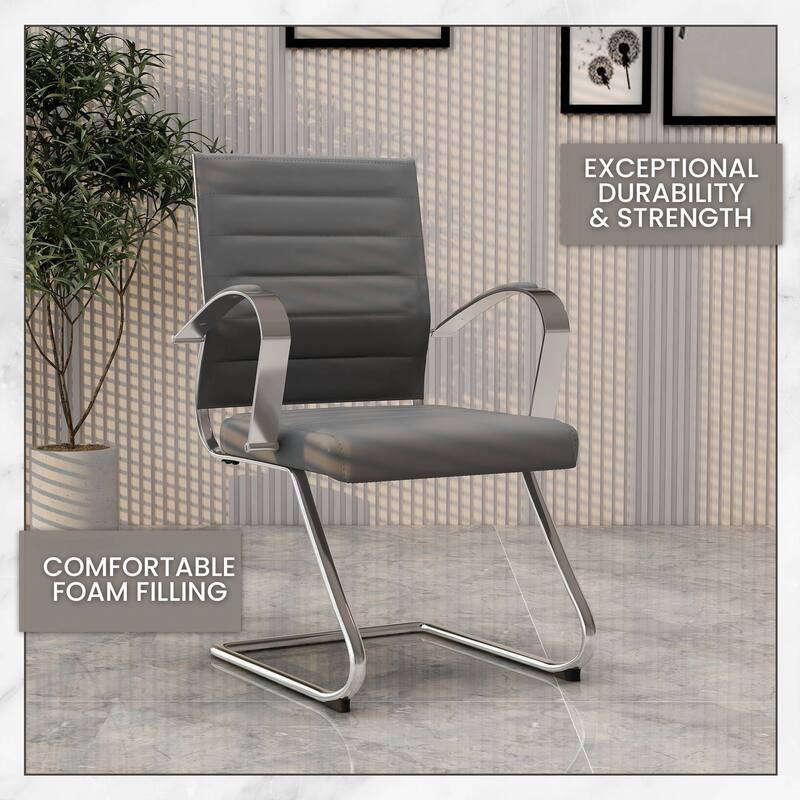 Benmar Modern Leather Office Chair with Stainless Steel Sled Base, Floor Caps, Ergonomic Desk Chair for Home Office or Workspace