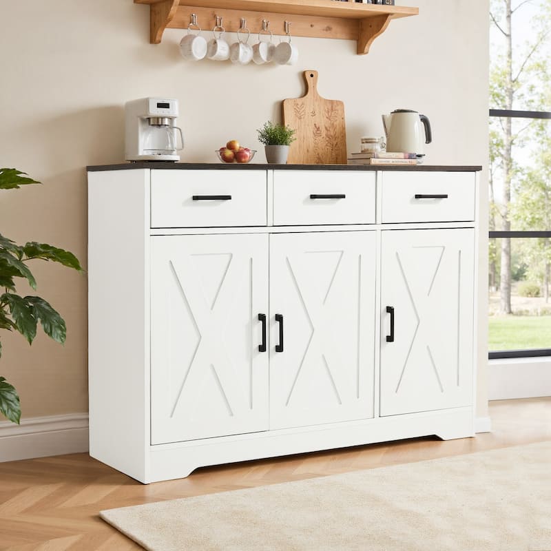 Barn Door Buffets Storage Cabinet Sideboards with 3 Drawers