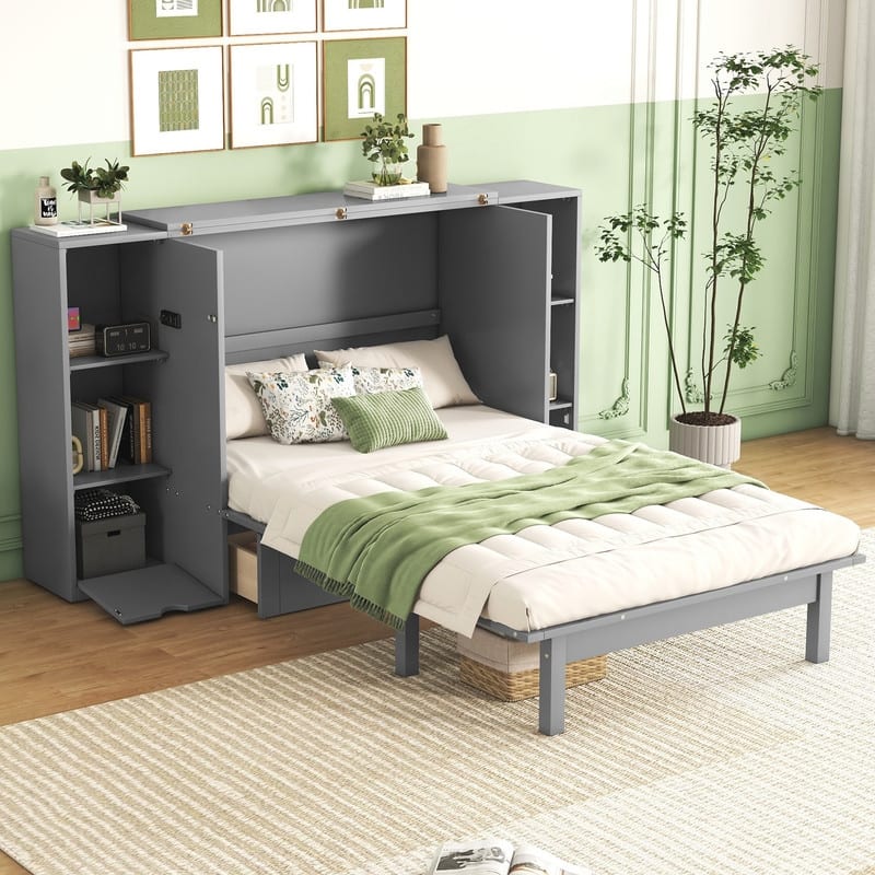 Queen Size Wood Murphy Bed with Shelves,Wall Bed with Drawers and USB Ports