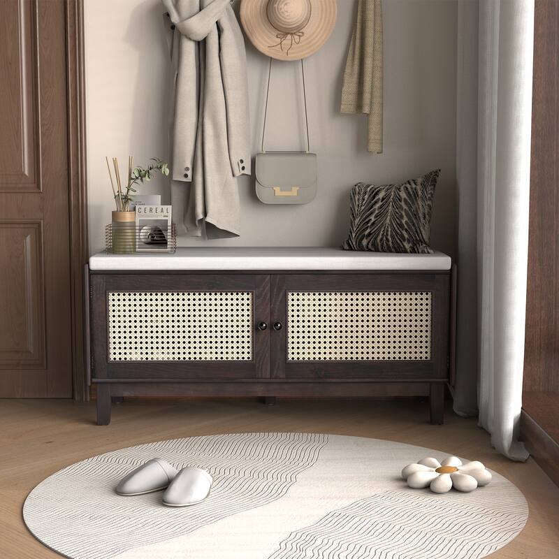 Boho Rattan Shoe Storage with Washable Cushion & Adjustable Shelves by Harper&Bright Designs