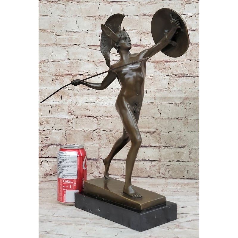 Greek Warrior W/ Spear And Shield Bronze Statue Sculpture Figure On Marble Base 16 Inches X 11 Inches