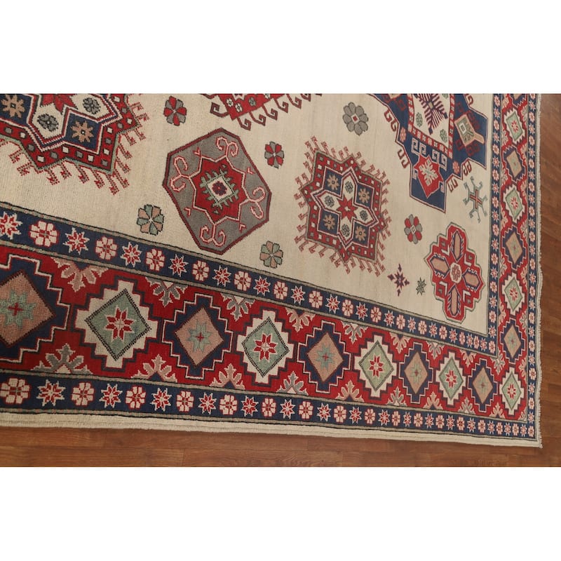 Ivory Geometric Kazak Oriental Area Rug Handmade Wool Carpet - 8'4"x 11'7"