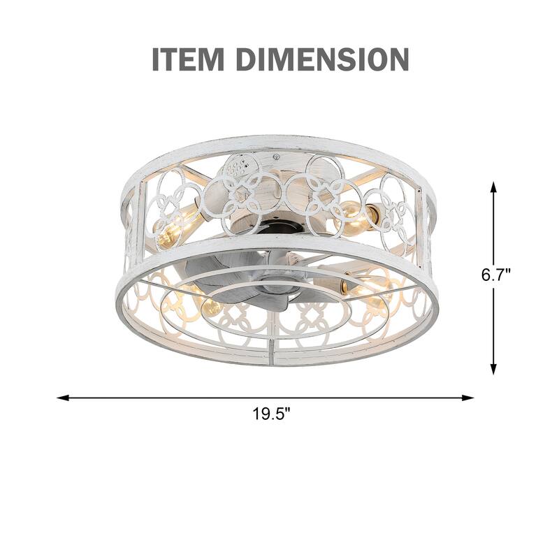 20" Oaks Aura Modern Farmhouse Distressed White Ceiling Fan with Light, Flush Mount Caged Ceiling Fan with Remote for Bedroom