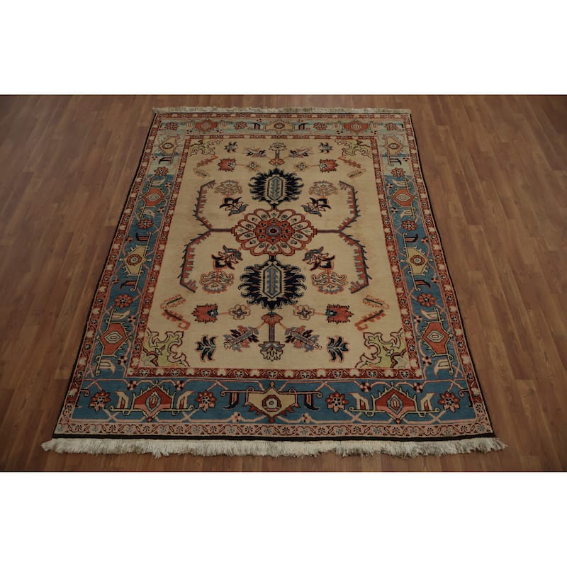 Hand Knotted Oriental 100% Wool Carpet Traditional Floral Beige & Ivories Heriz Area Rug - 8' 1'' X 6' 3''