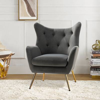 Eusebio Tufted Velvet Accent Chair with Wingback, Arms, and Metal Gold Legs for Living Room or Bedroom by HULALA HOME