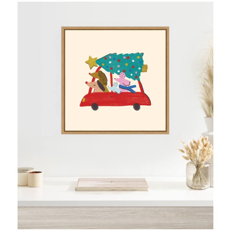 Kate and Laurel Sylvie Framed Canvas Driving Home For Christmas by Aislinn Simmonds Duchess Plum
