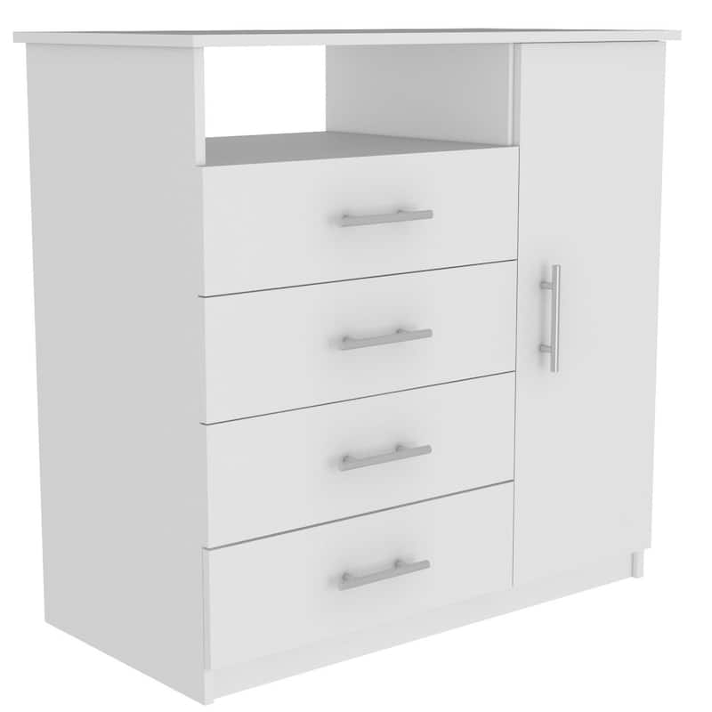 TUHOME Peru 4 Drawer Dresser with Vertical Cupboard & Open Shelf - White