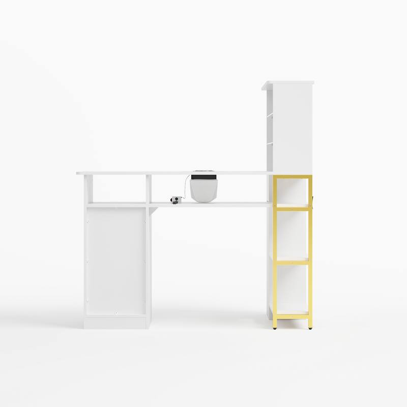White Nail Desk with Dust Collector, Glass Shelf & Gold Handles – Manicure Station for Salon and Home