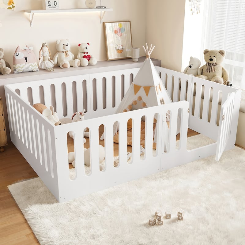 Queen Size Floor Bed with High Fence for Kids, Solid Wood Kids Montessori Bed with Door, No Box Spring Needed Design