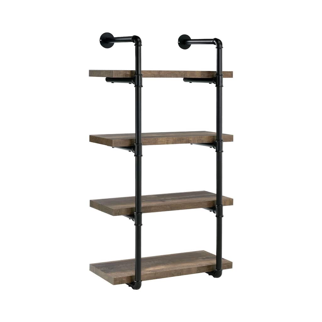 Wall Shelf with 4 Shelves and Piped Metal Frame, Brown and Black