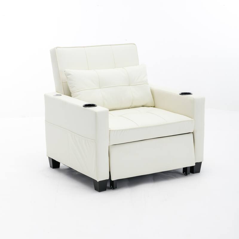 Leather Convertible Futon Armchair Bed with USB Ports, Adjustable Backrest (3-Position), and Built-in Cup Holders