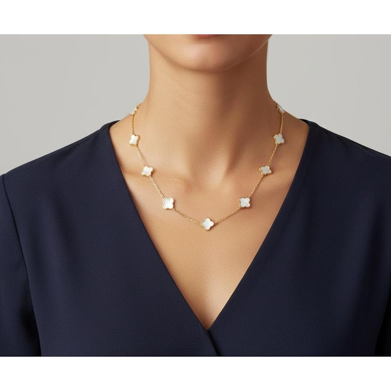 Italian Gold 14K Yellow Gold Mother of Pearl Clover Station Necklace 7mm Pearl Size 16-18 Inch Chain 2.60 grams