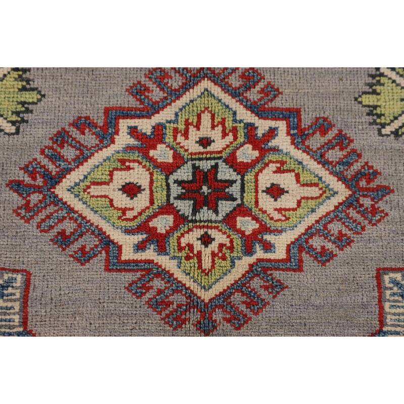Gray Geometric Kazak Area Rug Living Room Handmade Wool Carpet - 5'7" x 7'3"