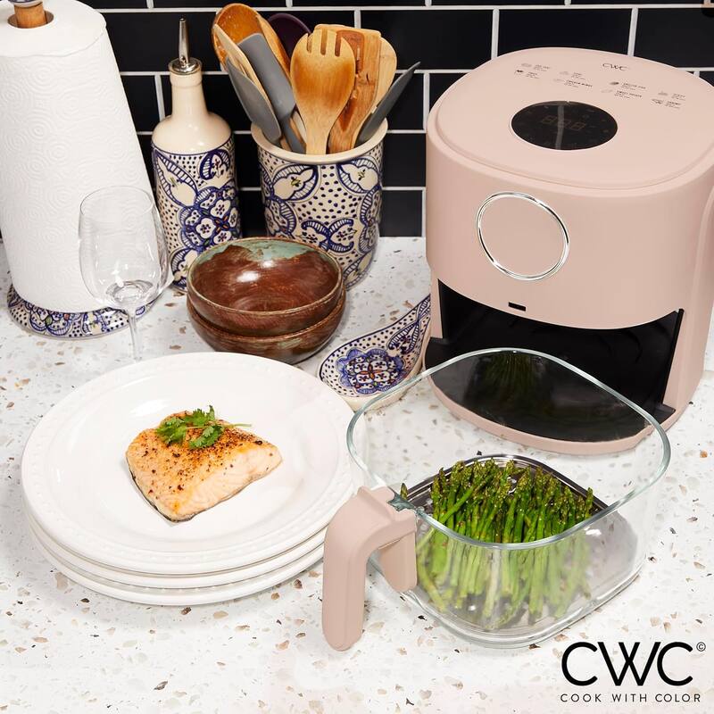 COOK WITH COLOR 1200W Air Fryer: Glass Basket, Dishwasher Safe, 60min Timer, 6 Presets, Temp Control 175F-400F, 4 - 5.5 QT
