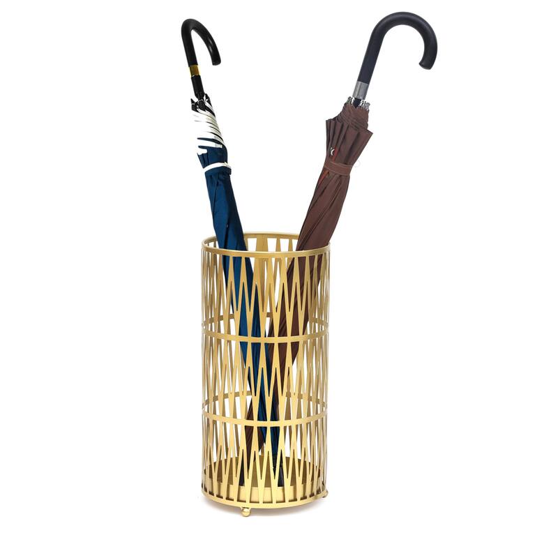 ADECO Stand Gold / Black Round RackMetal Umbrella Cane Walk Stick Drip Tray - 9. 2"x9. 2"x19"