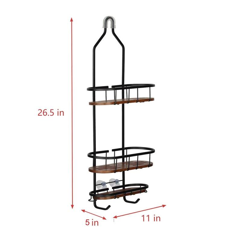 Utopia Alley Tia Rustproof Teak Overhead Shower Caddy with 3 Shelves, Hanging Shower Head Organizer, Black & Chrome Finish