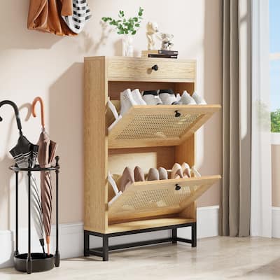 8 Pair Rattan Shoe Storage Cabinet 3 Drawers Shoe Rack - 23.6"L x 6.7"W x 38.2"H
