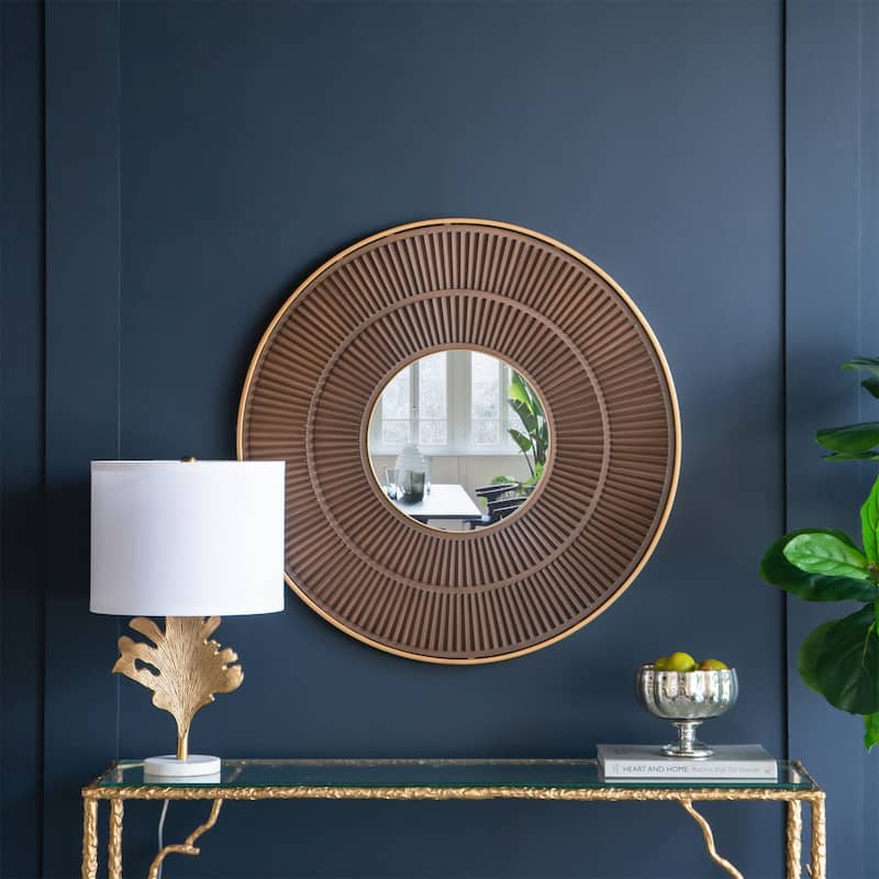 Round Wooden Wall Mirror with Gold Iron Frame - Brown