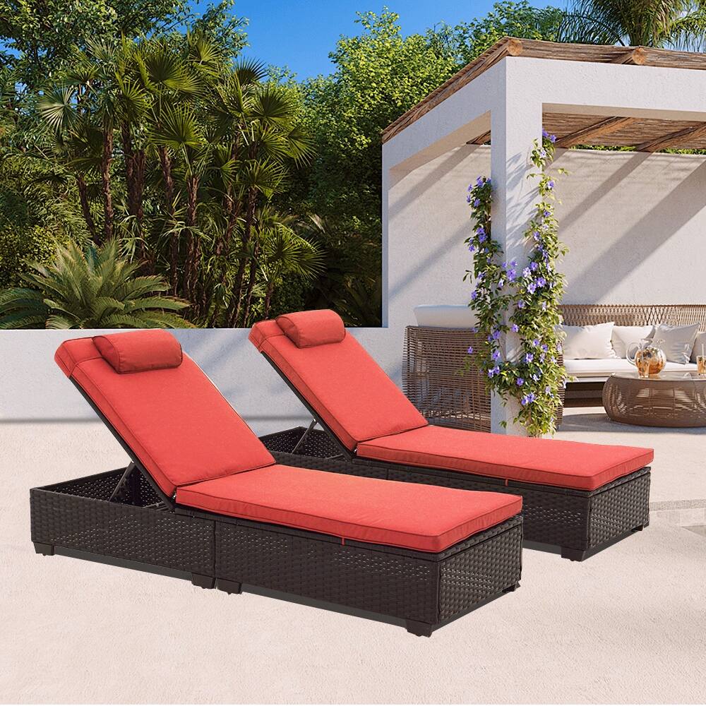 2-Piece Black Wicker Outdoor Chaise Lounge with Adjustable Backrest and Cushions