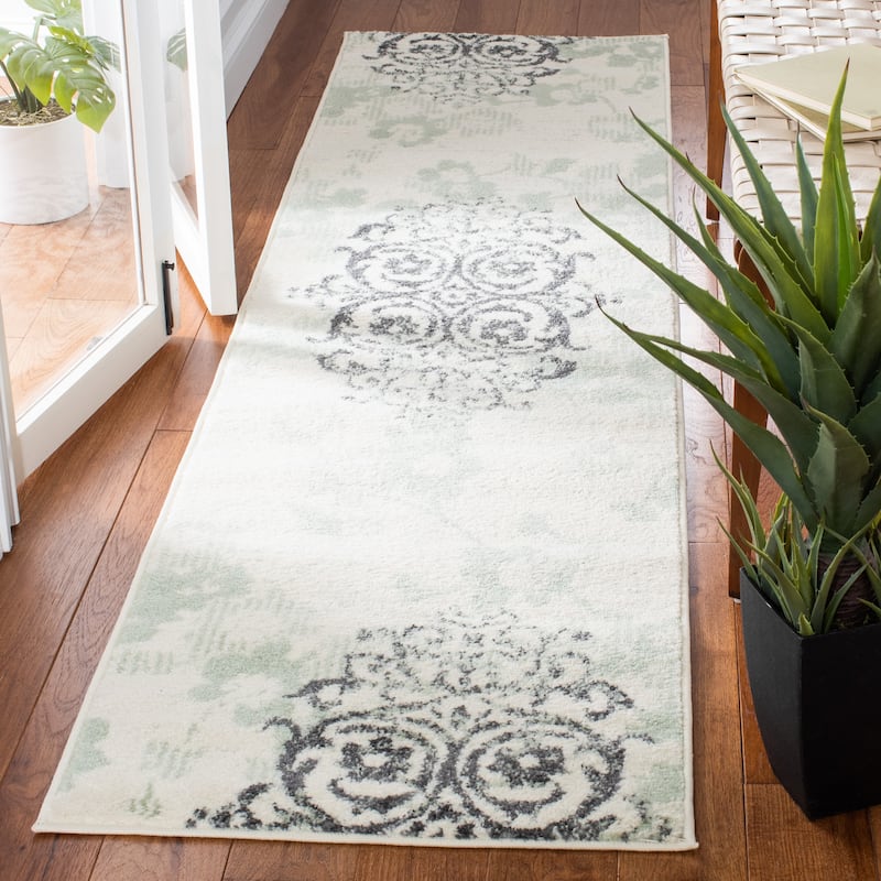 SAFAVIEH, Adirondack Rena Damask Floral Distressed Rug - 2'6" x 6' Runner - Ivory/Green