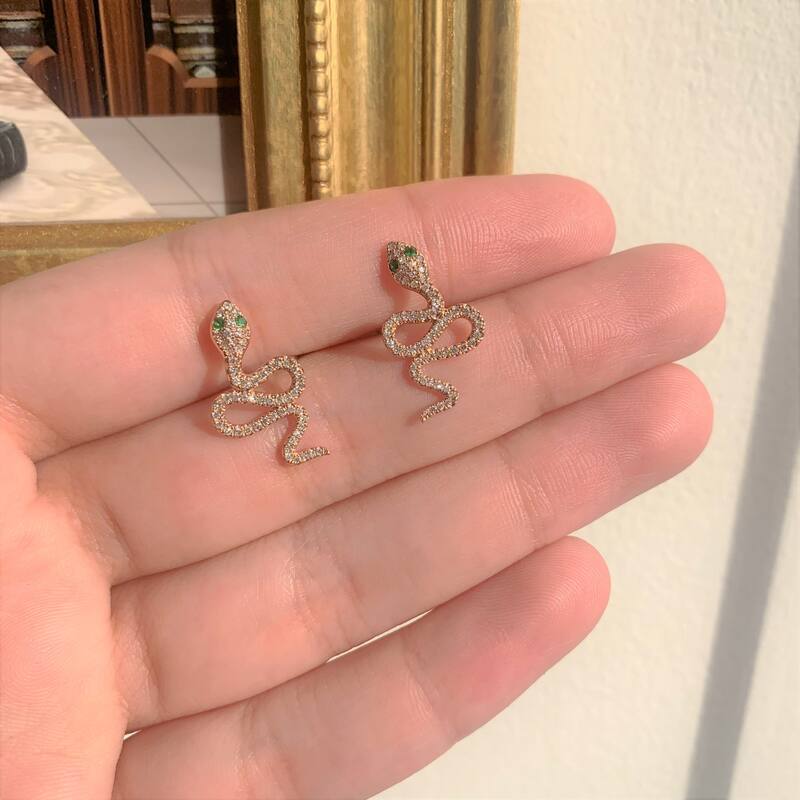 Joelle Collection Diamond Snake Stud Tsavorite Earrings 14K Gold