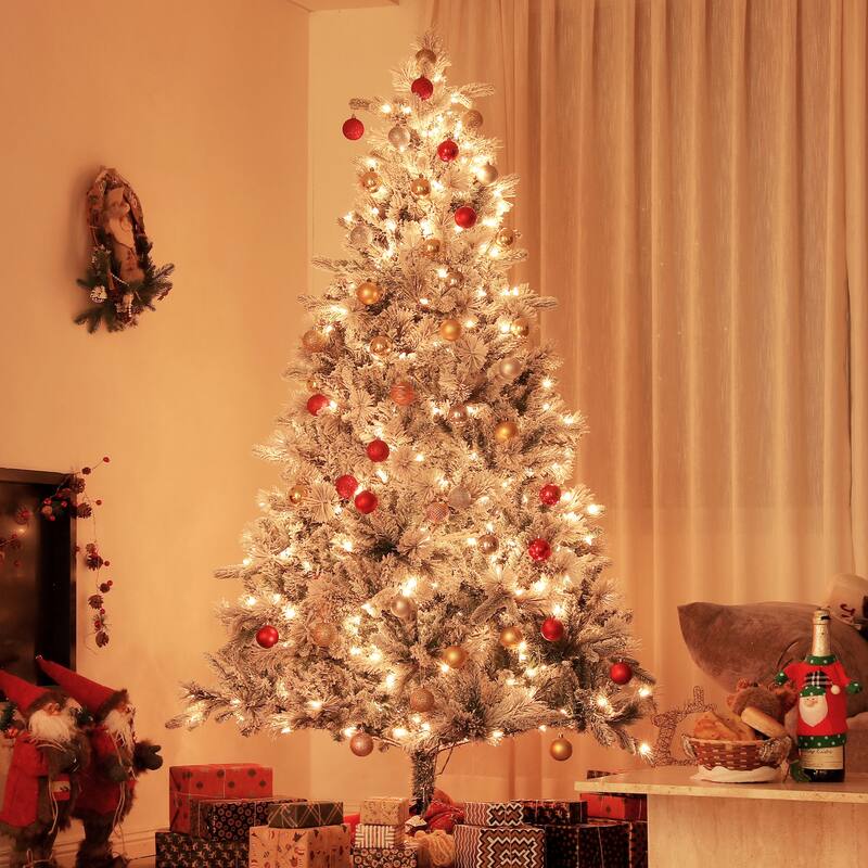 HOMCOM Pre-Lit Flocked Christmas Tree - Clear Lights, Metal Stand, Hinged Branches - Green