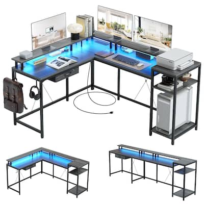 L Shaped Desk with Drawers and Led Lights
