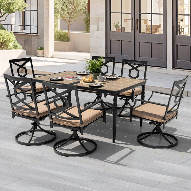 Patio Rectangle Dining Table with Umbrella Hole, Wood-Grain Tabletop