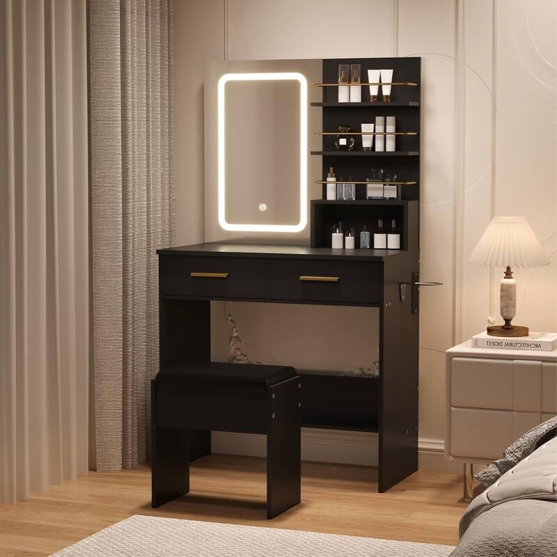 2 DrawersMakeup Vanity Desk Set with Mirror, Lights, Open Storage Shelves