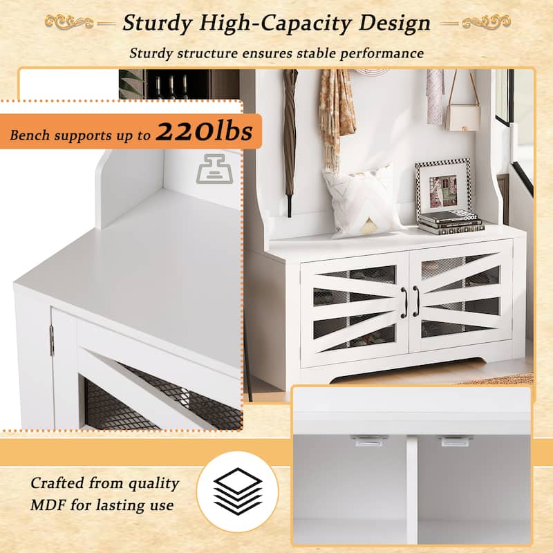 43.3" Hall Tree with Bench, 7 Hooks, Mesh-Door Cabinet, Adjustable Shelves, Entryway Coat Rack Organizer