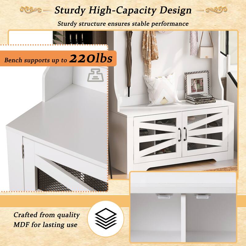 Breathable Hall Tree Cabinet Coat Rack with Adjustable Shelves & Bench Seat, Shoe Storage Cabinet with Wire Mesh Door