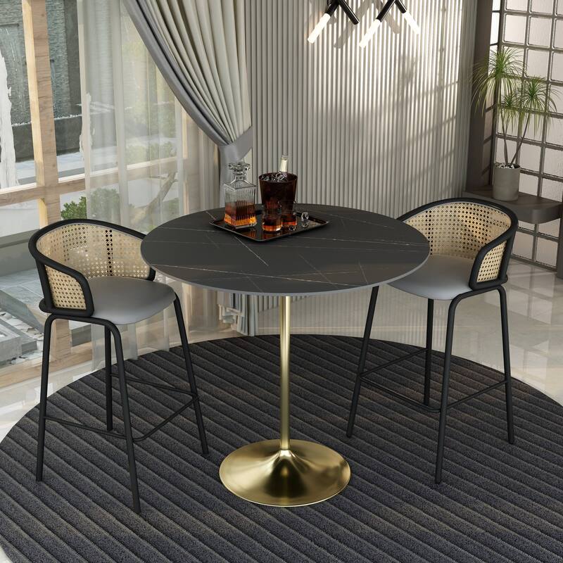 LeisureMod Verve 48" Round Bar Dining Table with Sintered Stone TableTop and Brushed Gold Base for Kitchen & Dining Room