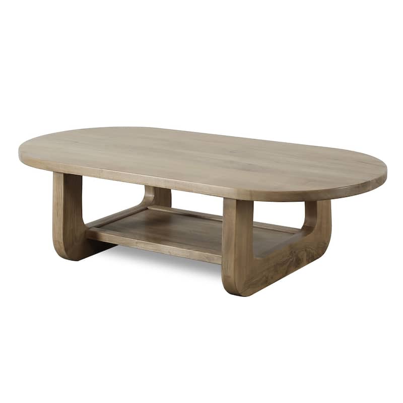 Walnut wood oval coffee table with storage neutral wood tone 68x32x18H - Wood