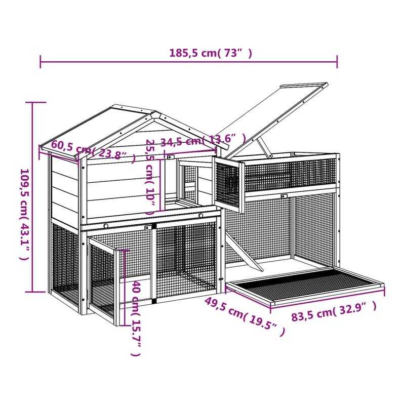 vidaXL Rabbit Hutch Brown 73"x23.8"x43.1" Solid Wood Pine - 73" x 23.8" x 43.1"