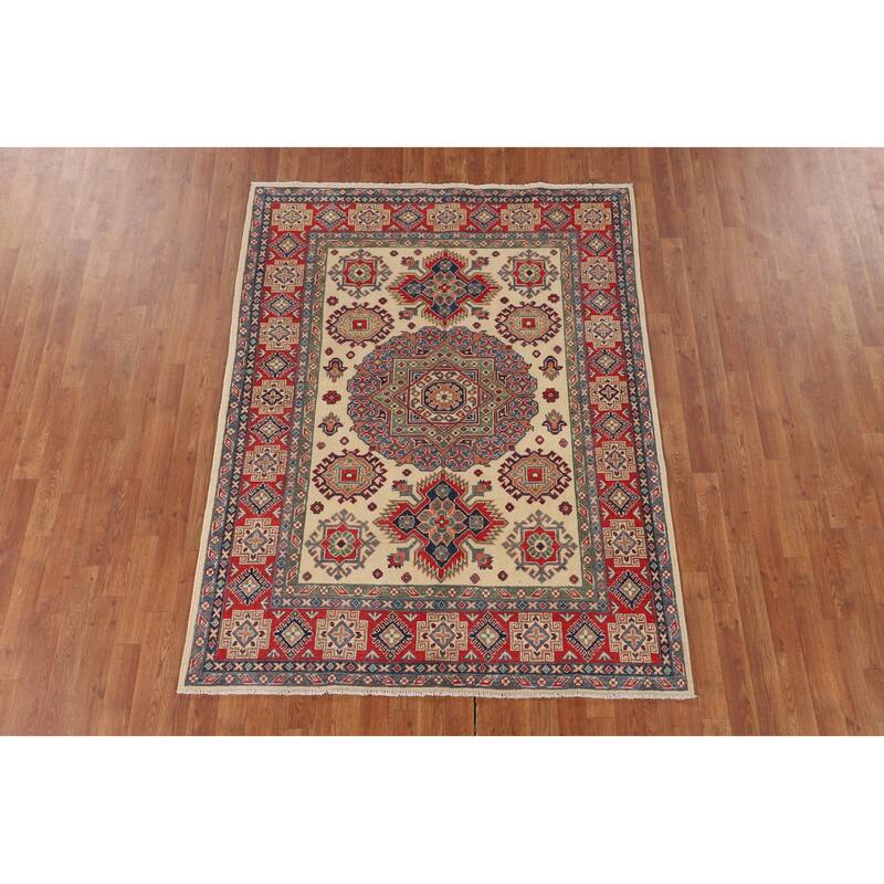 Kazak Oriental Area Rug Handmade Traditional Beige Wool Carpet - 5'0" x 6'6"