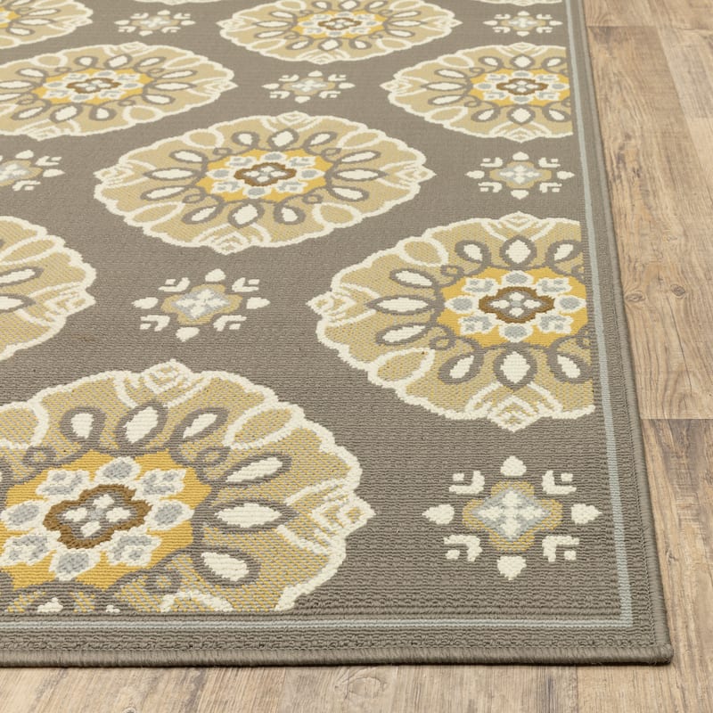 Vista Home Bar Harbour Grey/ Gold Floral Indoor/ Outdoor Area Rug