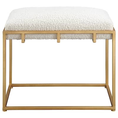 23.5" Gold and White Upholstered Shearling Rectangular Small Bench