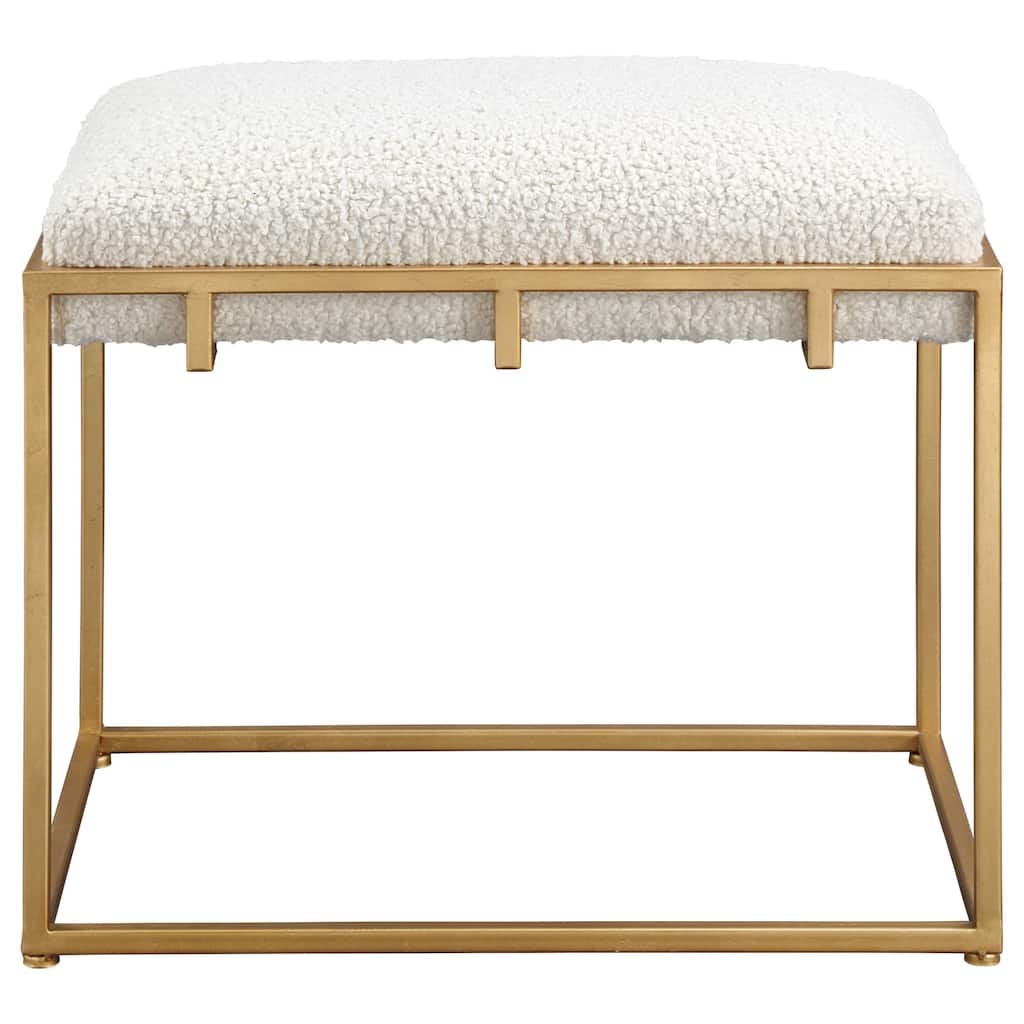 23.5" Gold and White Upholstered Shearling Rectangular Small Bench