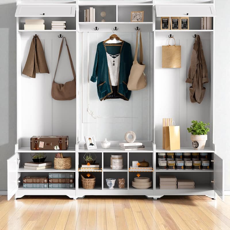 79" Wide Modern Hall Tree with 8 Cubbies, 7 Hooks, Adjustable Shelf & Storage Bench for Entryway and Hallway