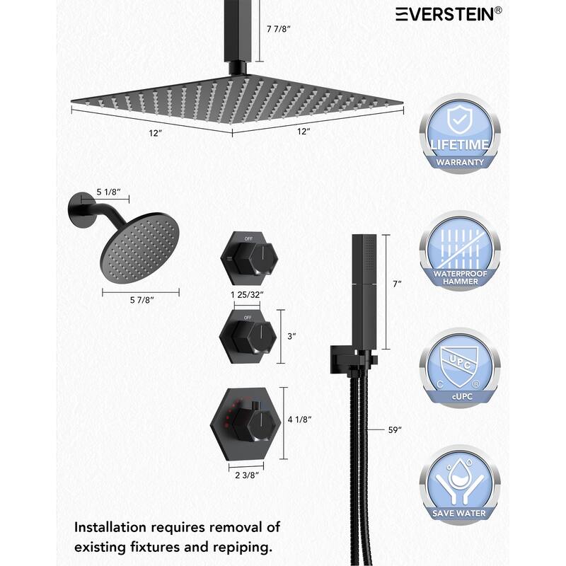 Dual Rainfall Shower System 12" & 6" Heads with Thermostatic Valve and Handheld Spray