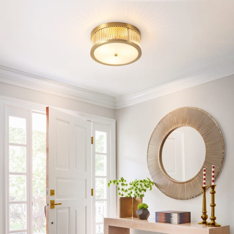 12.20 in. 3-Light Modern Industrial Round Drum Flush Mount Ceiling Light with Clear Glass Rods