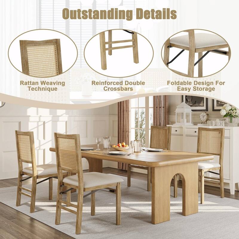 Scandinavian Woven Back Wooden Dining Chairs, Set of 2, Solid Wood Frame with Cushioned Seat