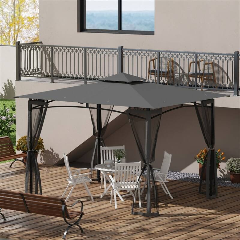 Dark Grey Polyester Metal Patio Gazebo with Mosquito Netting and Ventilated Double Roof - 143.75" L x 118" W x 112.25" H
