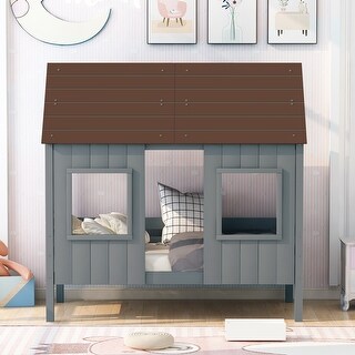 Twin Size Low Loft Wood House Bed with Two Front Windows and Roof, Grey ...