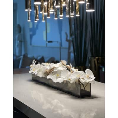 36 Inch Casa Moderna Black Tinted Glass Plate Planter with white Phalaenopsis orchids